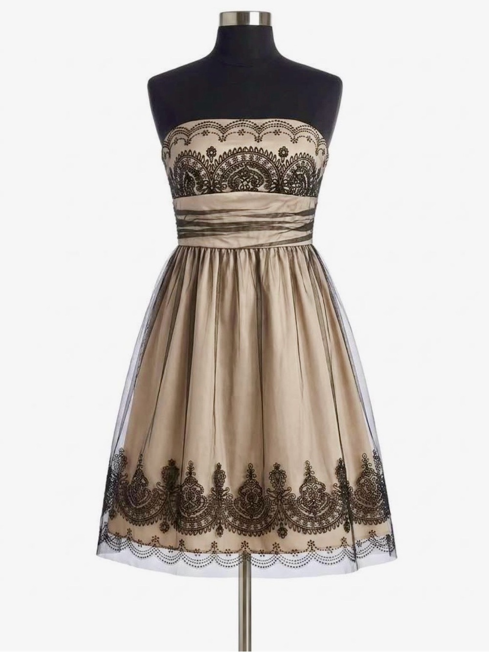 David's Bridal Strapless Beige Dress with Black Lace Accents